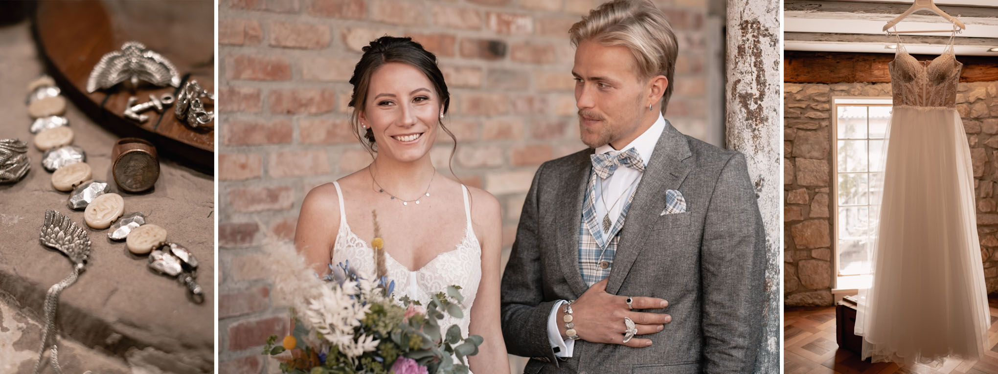 Boho Brautpaar in Brautkleid und Anzug von professionellem hochzeitsfotograf